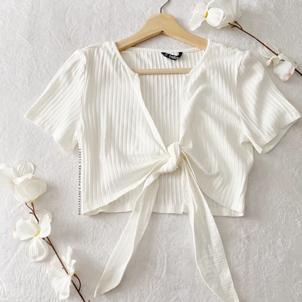 White Ribbed Stretchy Cropped Tied Waist Top